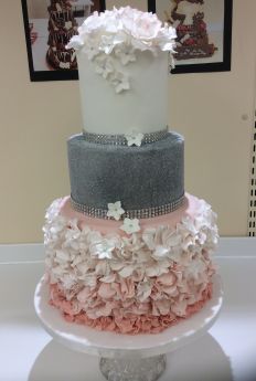 Pink Ombr Ruffle Wedding Cake (9237)