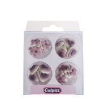 Lilac Mini Hearts and Flowers Sugar Pipings. 24 piece.