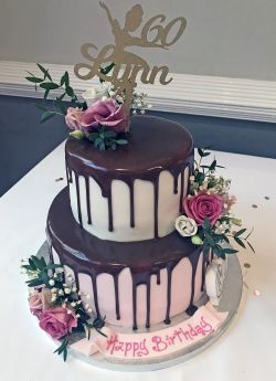 Two Tier Drip Cake with Flowers (8963)